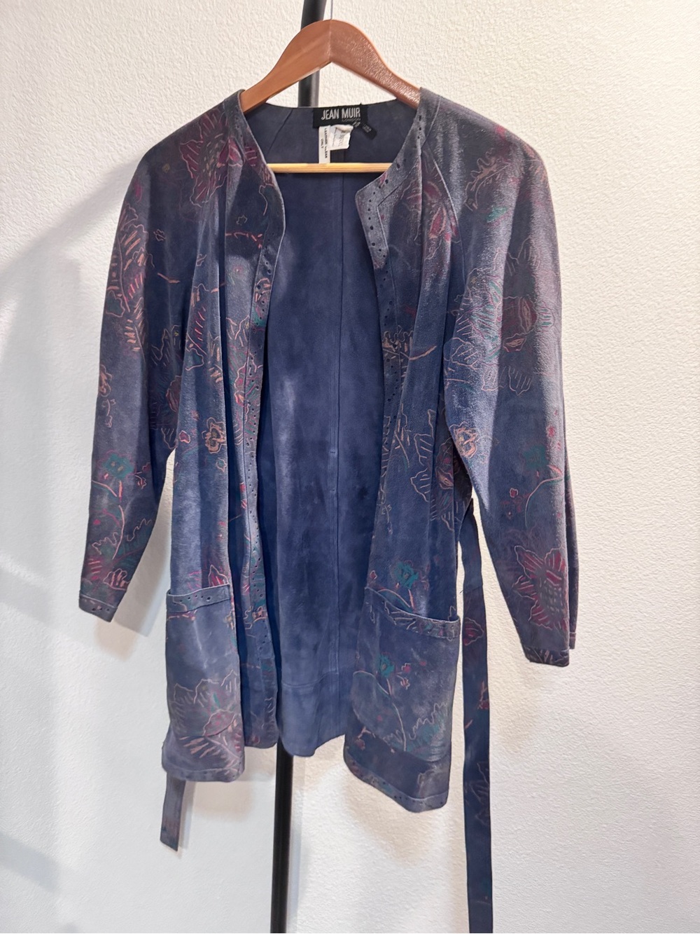 Vintage Jean Muir Blue Floral Suede Leather Jacket